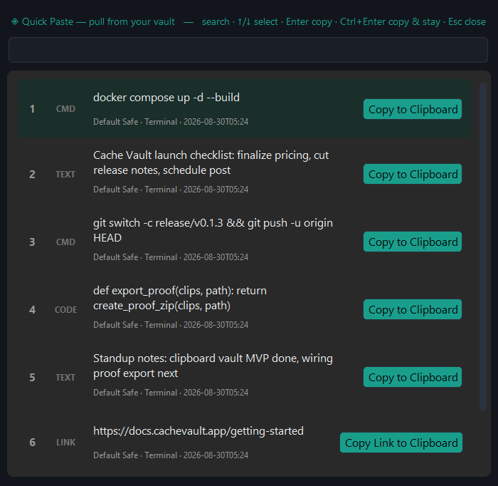 Cache Vault Quick Paste interface with searchable sample clipboard items
