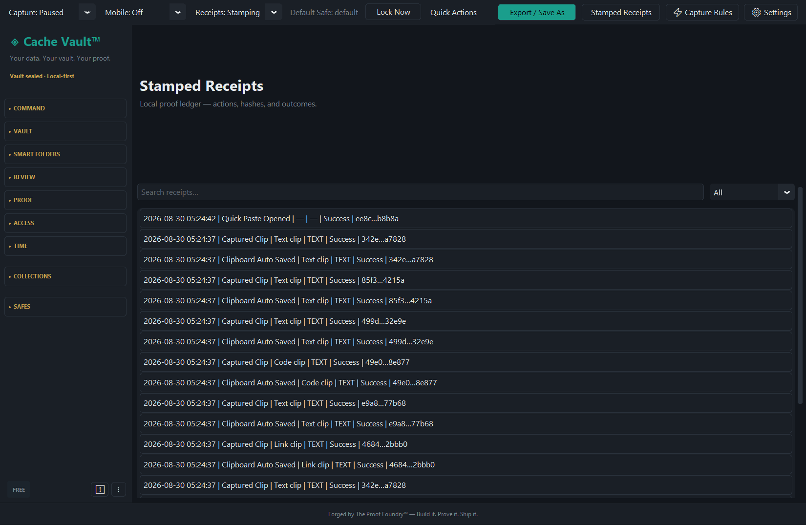 Cache Vault Stamped Receipts screen showing the per-event ledger with timestamps.
