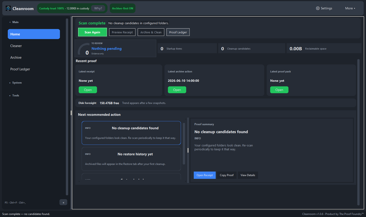 Cleanroom review panel with scan status and reversible cleanup actions