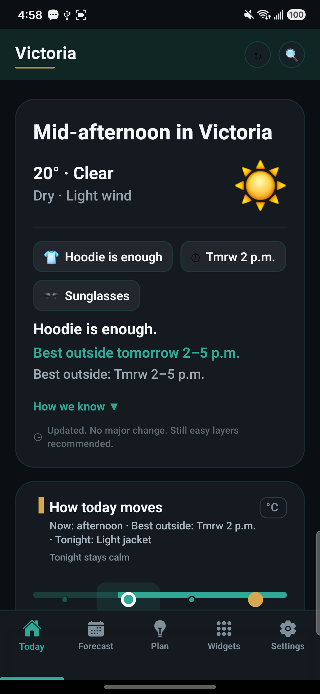 ForgeCast Today screen with wear and best-outside tokens
