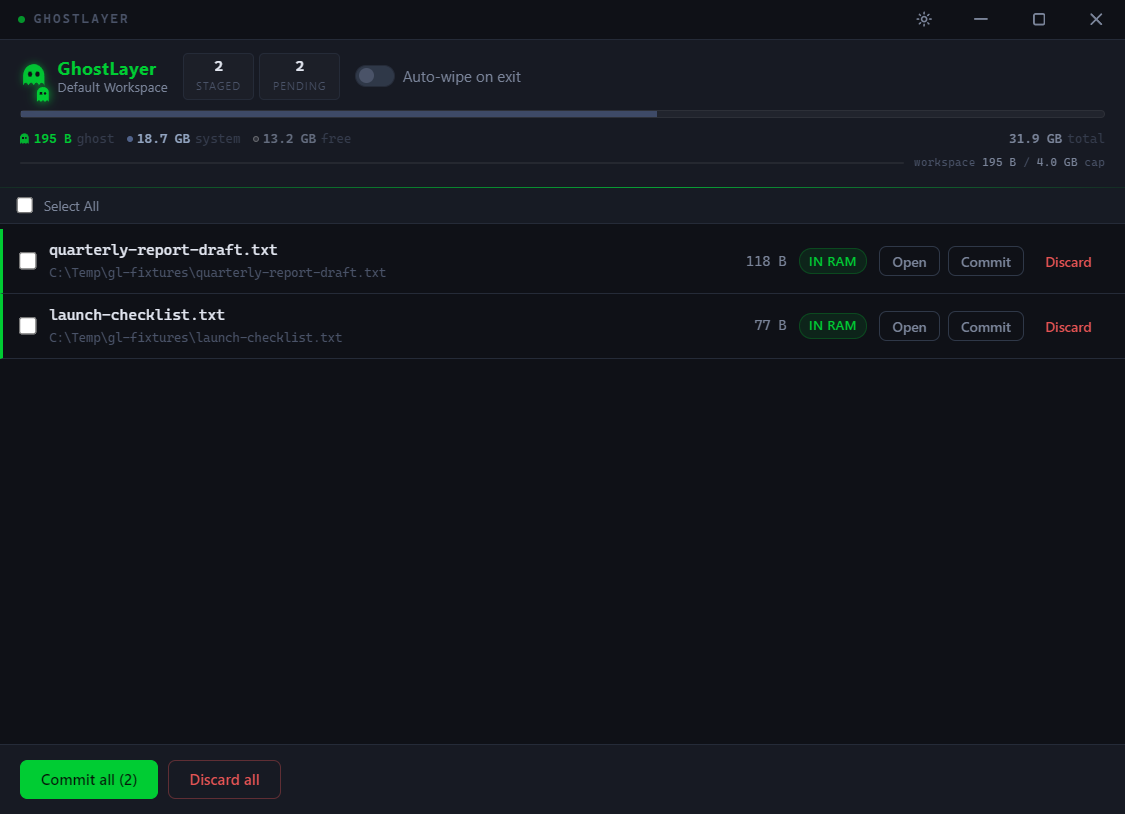 GhostLayer RAM staging with sample files and explicit commit controls