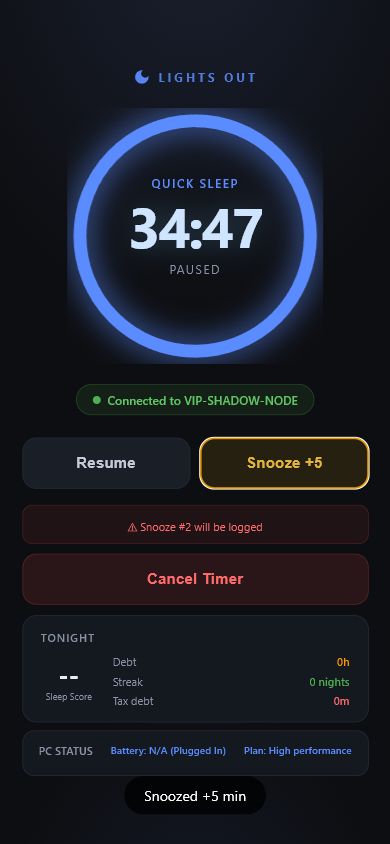 Android companion showing a snoozed session with five minutes added.
