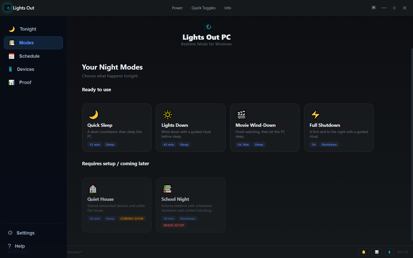 The Night Modes panel showing the preset endings, from Movie Wind-Down and Full Shutdown to Quiet House and School Night.