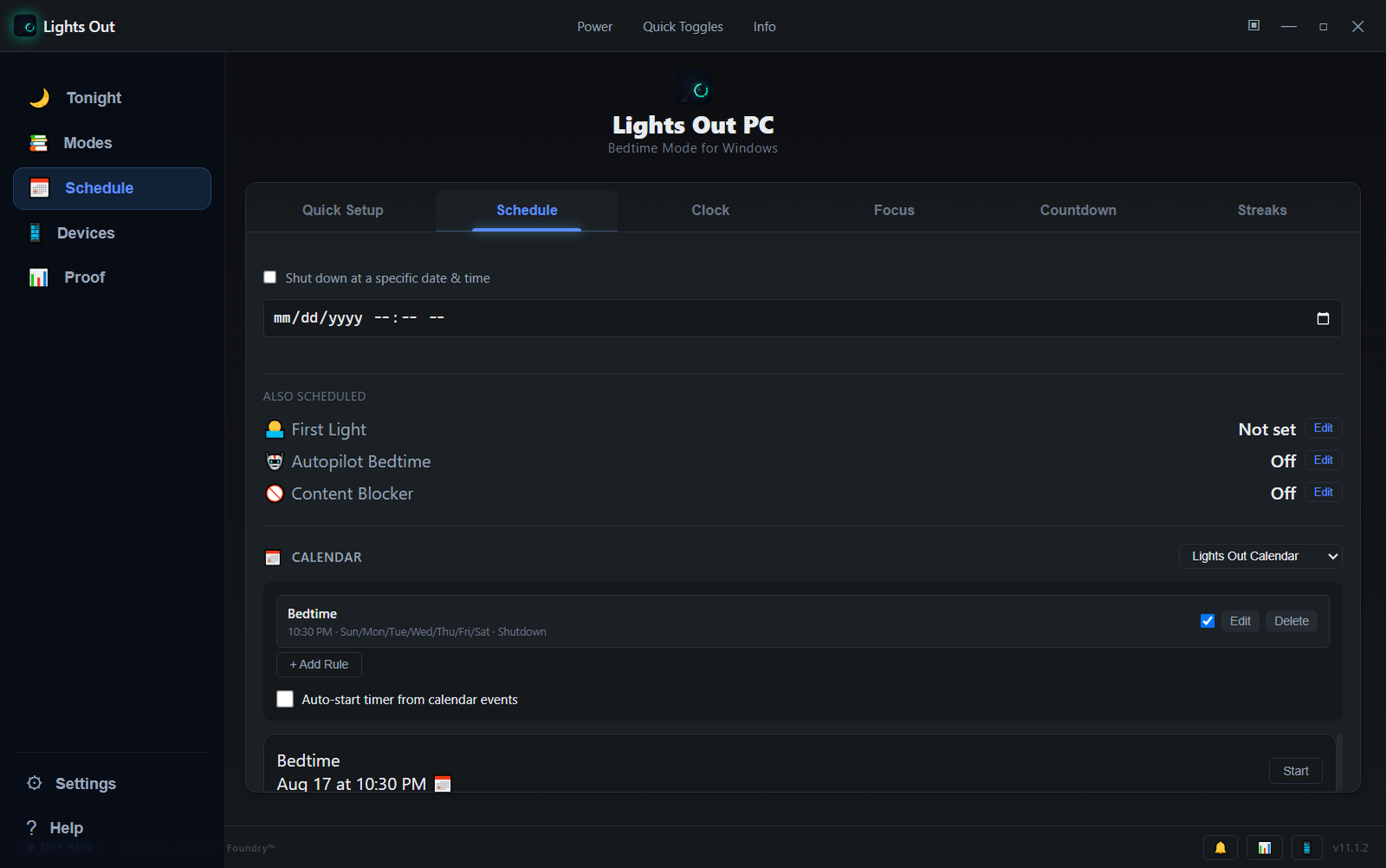 The Schedule screen: the date-and-time target, the also-scheduled First Light, Autopilot Bedtime, and Content Blocker rows, and the calendar import section.