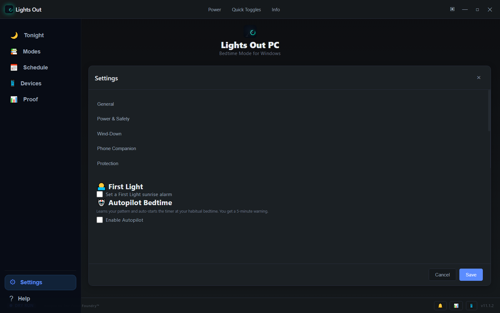 The Automations settings category: the First Light wake-alarm controls and Autopilot Bedtime.