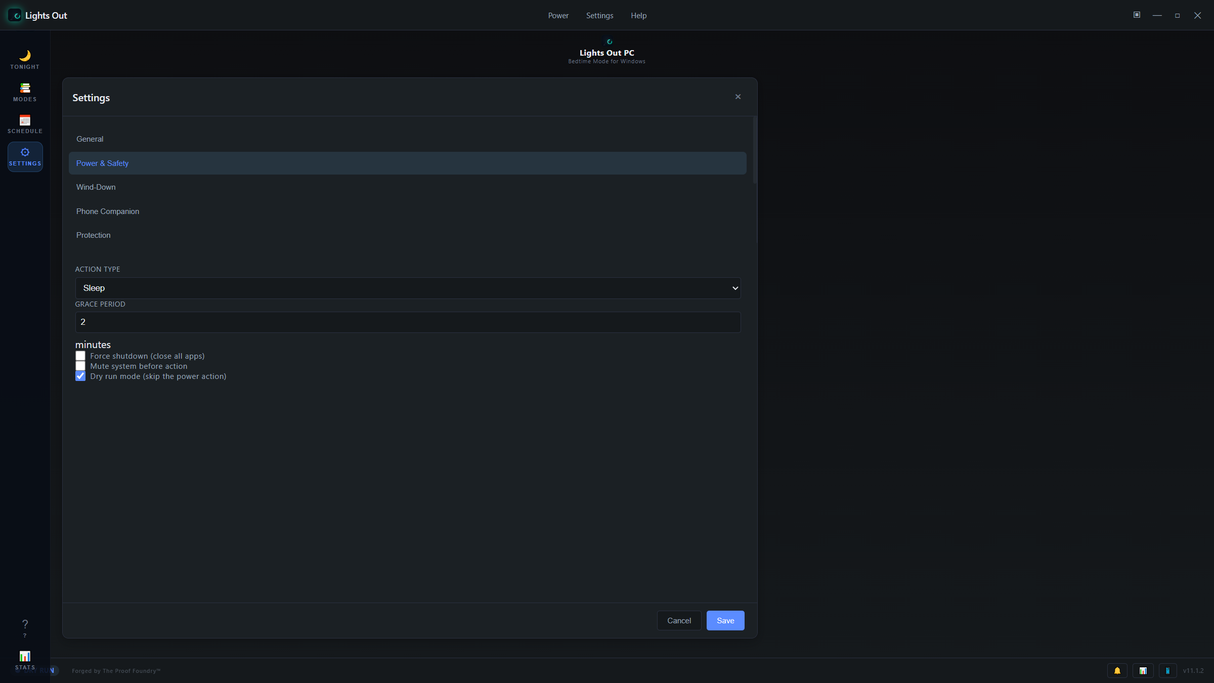 The Power & Safety settings screen: action type, grace period, force-shutdown opt-in, and Dry Run.