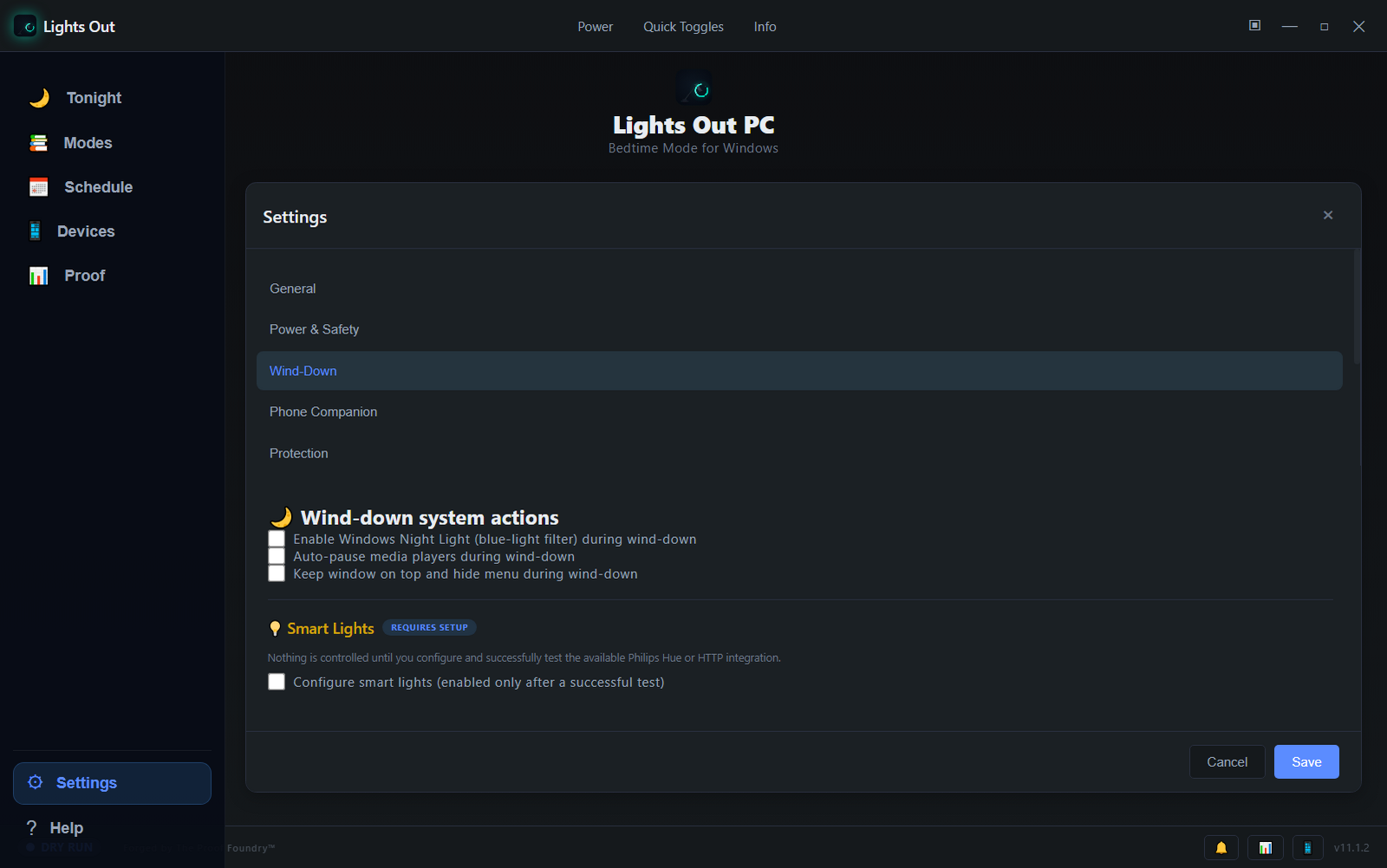 The Smart Lights settings in Wind-Down: the Philips Hue or HTTP webhook provider selection and test-connection gate.
