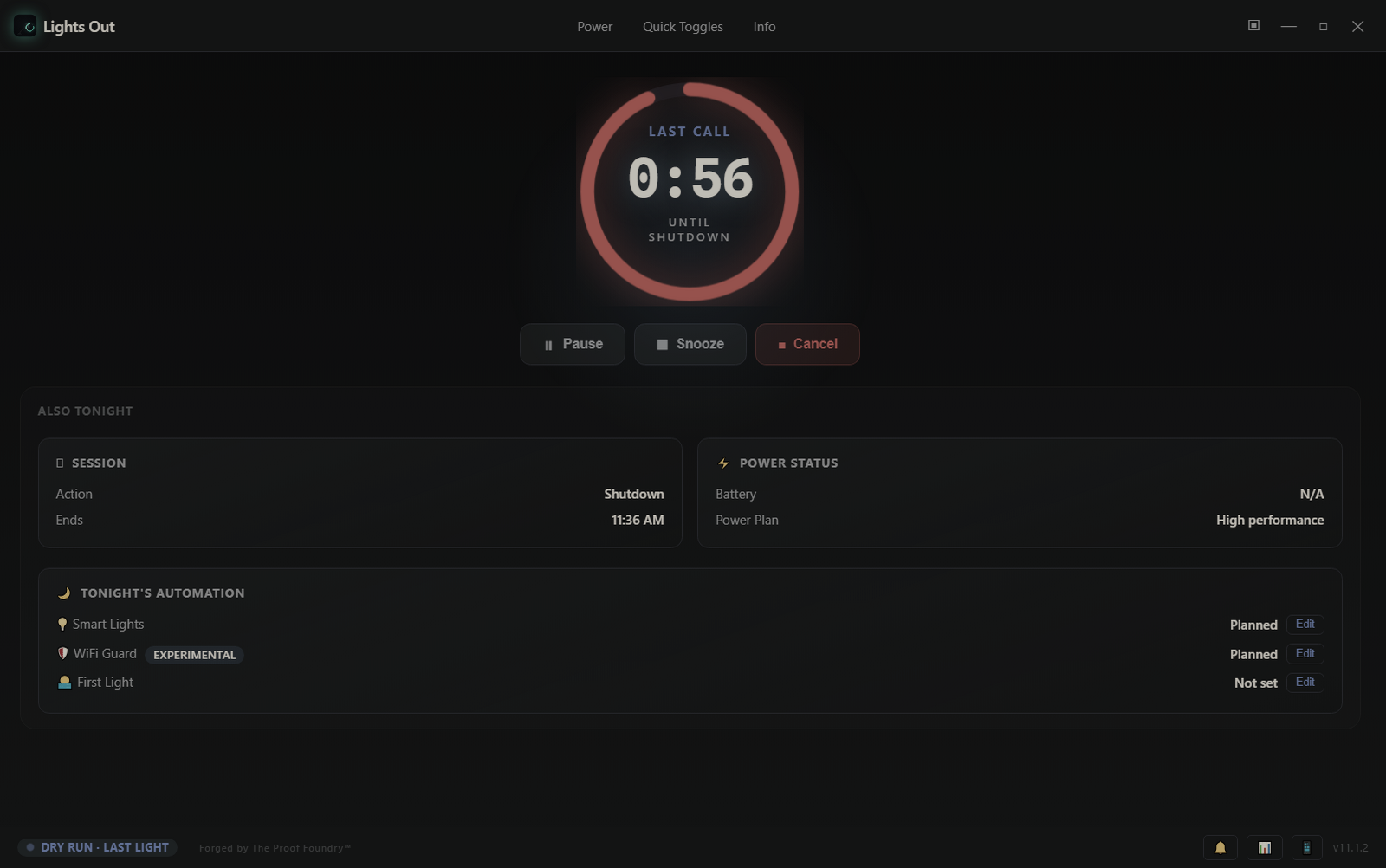 A Dry Run session running: the full timer flow rehearsed in real time without touching the system.