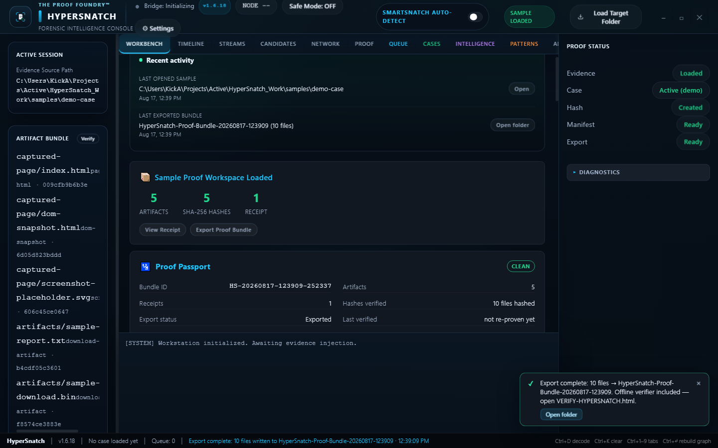 The Workbench after a real export: the bundle has been written, Prove It Again and Tamper Trial are now enabled.