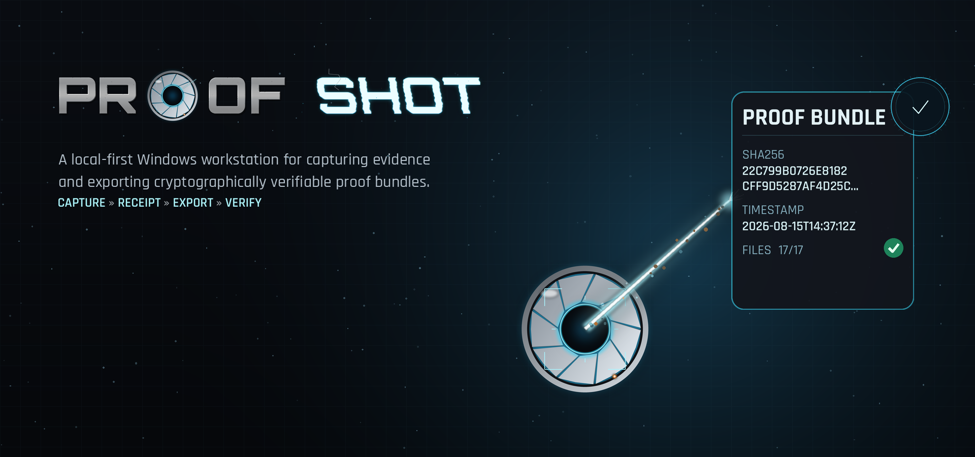 The ProofShot production brand hero artwork: the aperture mark over a dark steel-and-cyan landscape.