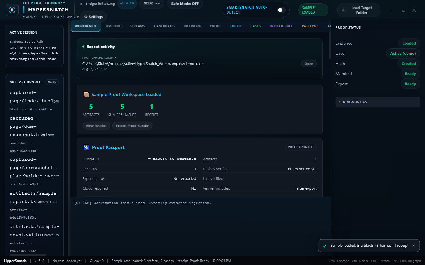 The ProofShot Workbench on a fresh proof workspace: the four-step flow, the intake panel, and the status and proof-card stack.