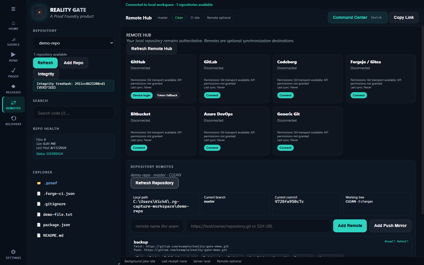 The Remote Hub of the real app: origin pointing to a GitHub example remote, backup pointing to a GitLab example remote, and provider cards for seven integrations.