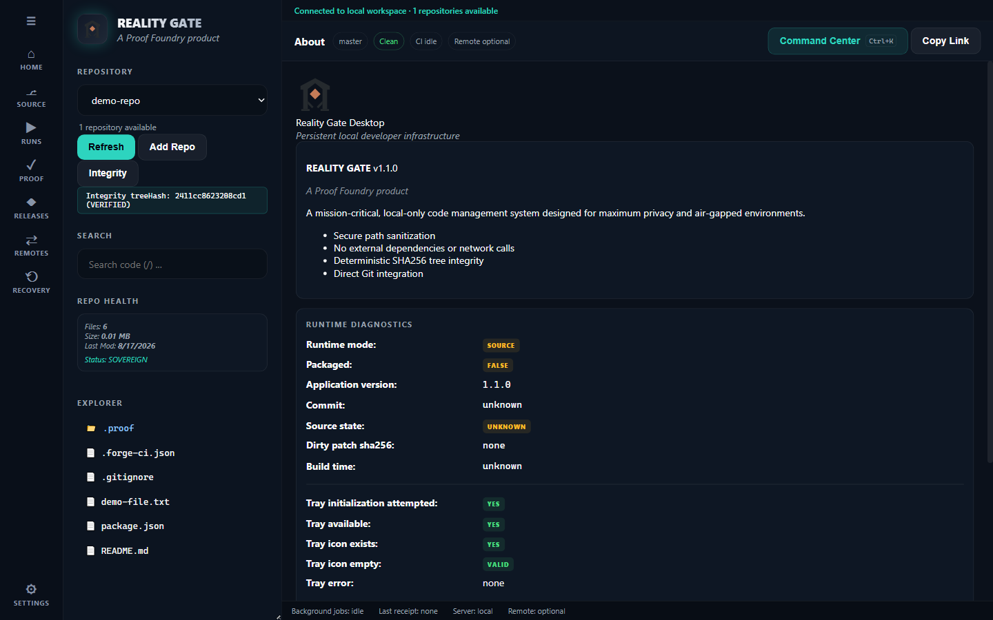The About panel of the real app: Reality Gate Desktop v1.1.0, a Proof Foundry product, mission-critical local-only code management.
