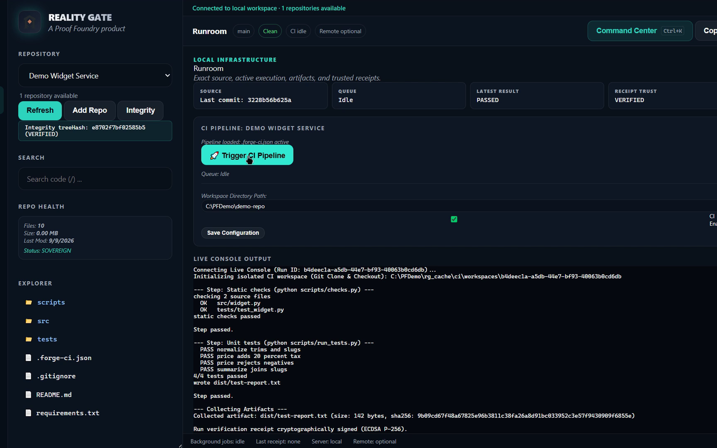 Reality Gate sample Runroom displaying a completed CI run for Demo Widget Service.