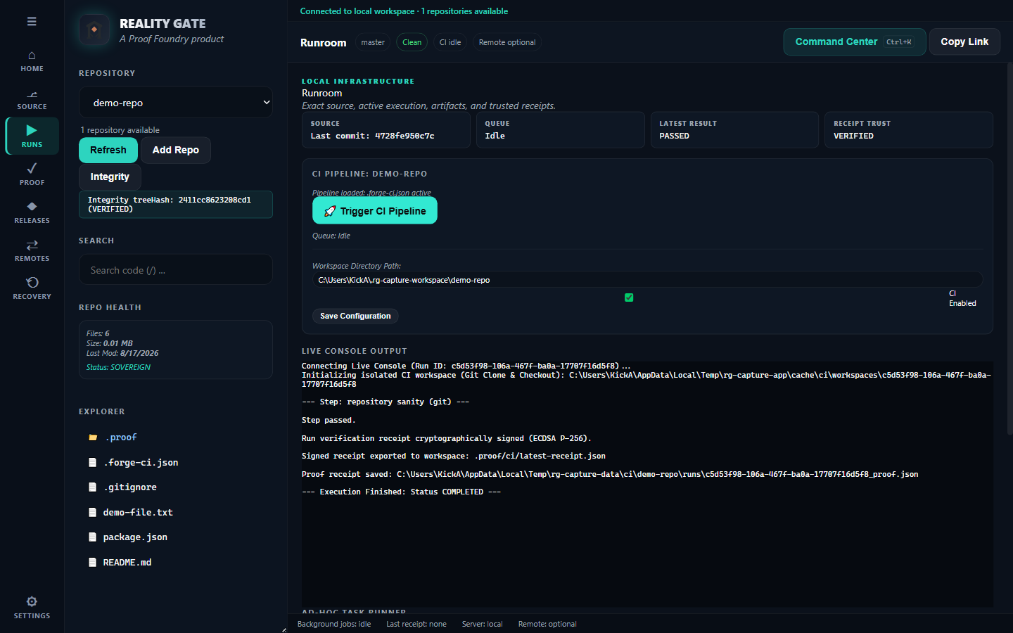 The real Runroom after a completed CI run: SUCCESS badge, VERIFIED RECEIPT badge, and the live console showing the isolated workspace and the signed receipt line.