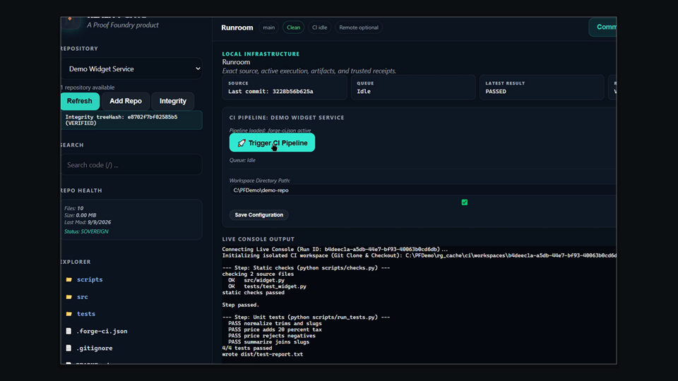 Sample Reality Gate Runroom showing a completed demo CI run for Demo Widget Service; build not shown