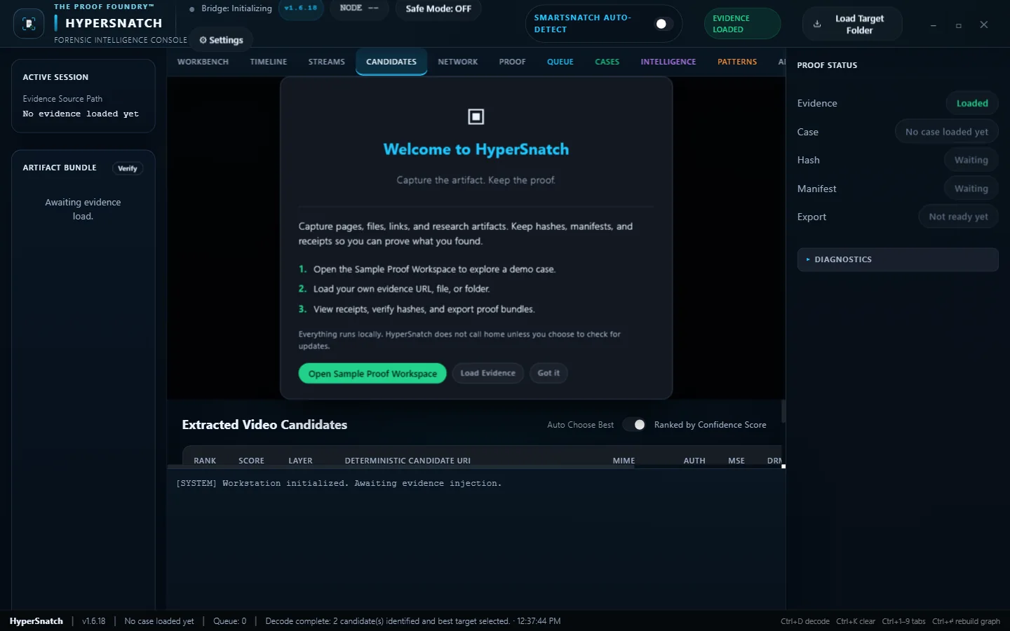 ProofShot engine candidates view with the sample workspace welcome panel.