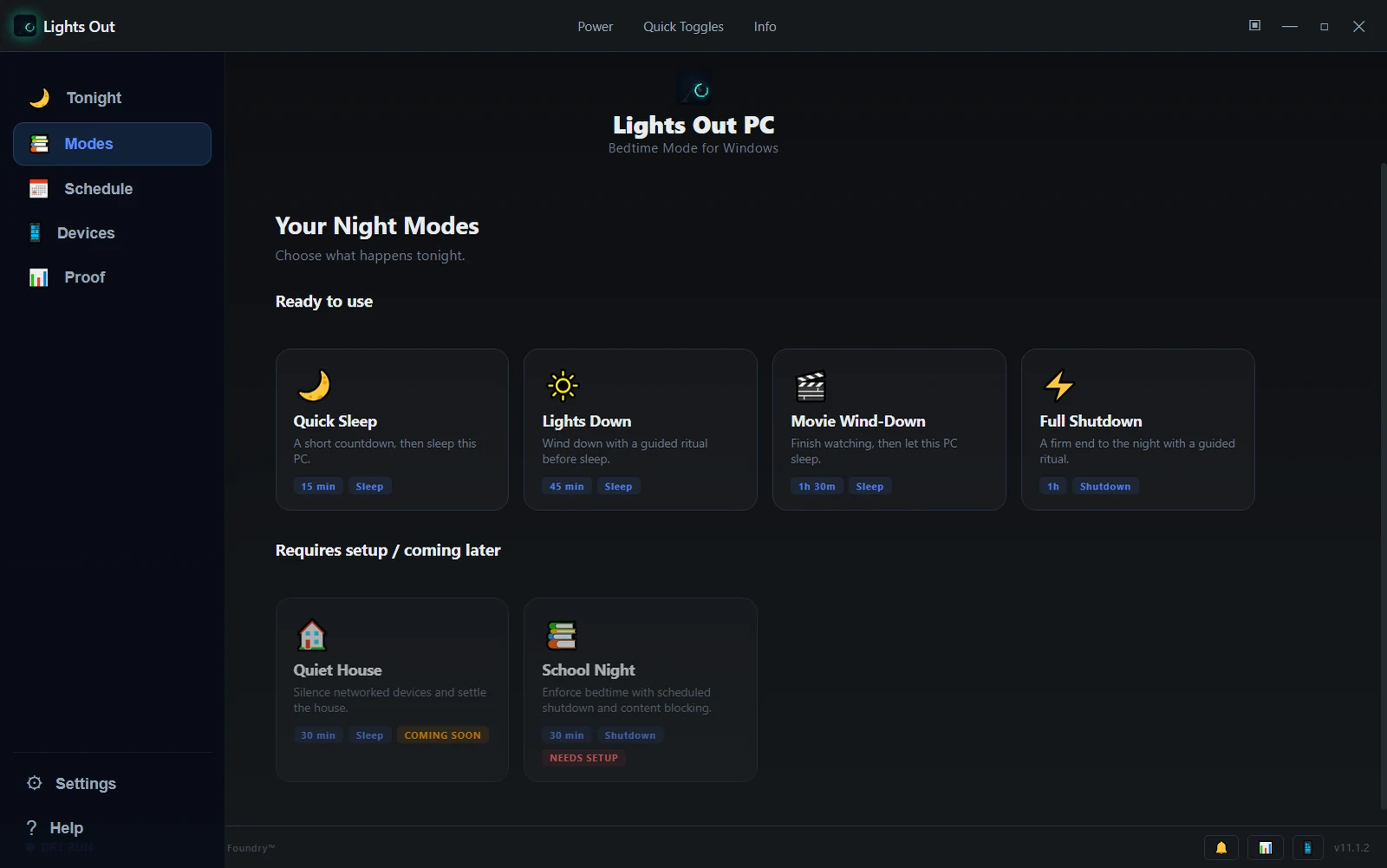 Lights Out Night Modes panel with bedtime presets.